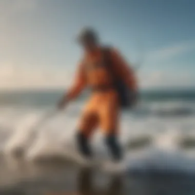 A surf angler wearing waders while casting into the ocean