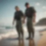 A pair of durable surf fishing waders on a sandy beach