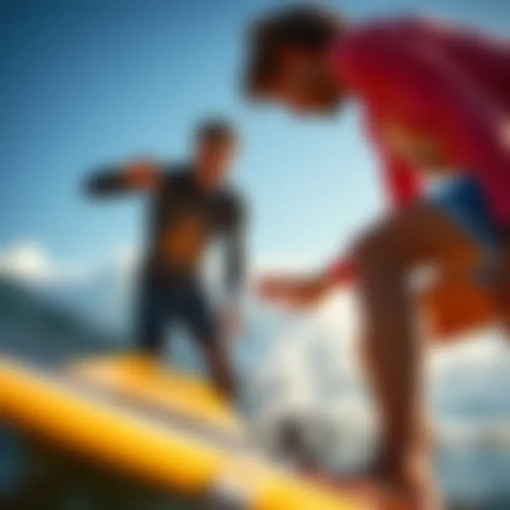 Surf instructor guiding a beginner