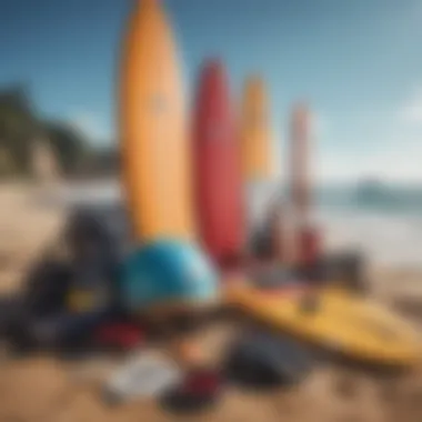 Essential surf gear laid out on the beach, showcasing diversity in equipment.