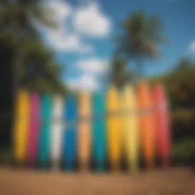 Colorful surfboards lined up against a scenic backdrop