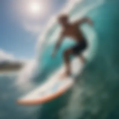 A surfer riding a wave on a rented surfboard