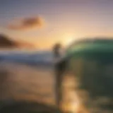 A stunning view of a surfer riding a wave at sunset