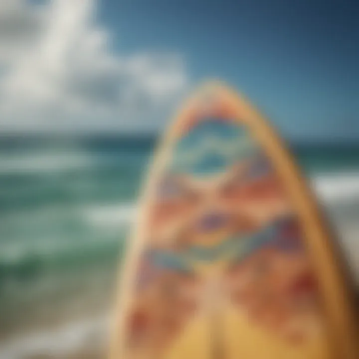 Close-up of a surfboard showcasing local art and design