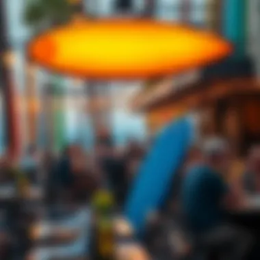 A lively outdoor dining scene filled with surfboards and diners enjoying their meals
