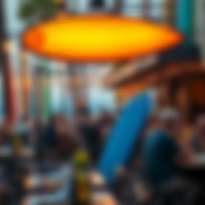 A lively outdoor dining scene filled with surfboards and diners enjoying their meals