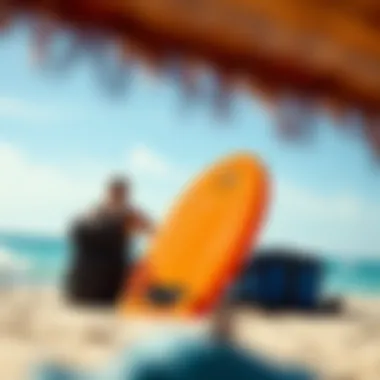 A travel scene featuring a boogie board packed for a beach trip, emphasizing portability and convenience.