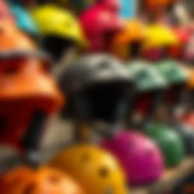 Vibrant Display of Cute Helmets Colorful skateboard helmets on display