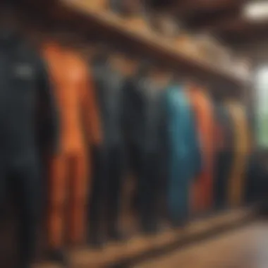 A collection of high-quality wetsuits displayed on hangers