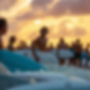 A group of surfers enjoying a vibrant beach atmosphere during a local surf contest.