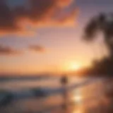 A stunning beach view at sunset with surfers catching waves