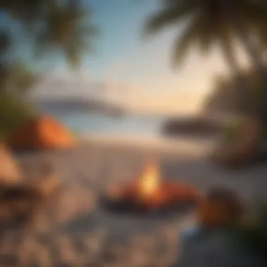 A cozy campfire setting on the beach with surfboards in the background