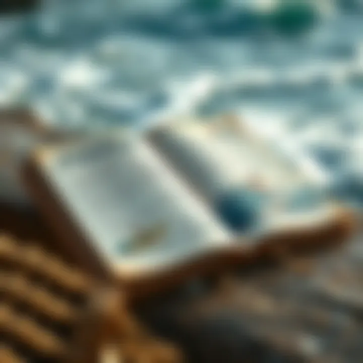 Knowledge by the Waves An open book with surf illustrations and notes by the ocean