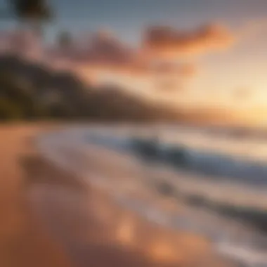 A serene sunset over the ocean with surfers in the distance