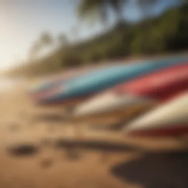 A close-up of surfboards lined up on the sandy beach