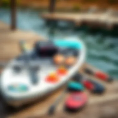 Essential accessories for paddleboarding laid out on a wooden dock