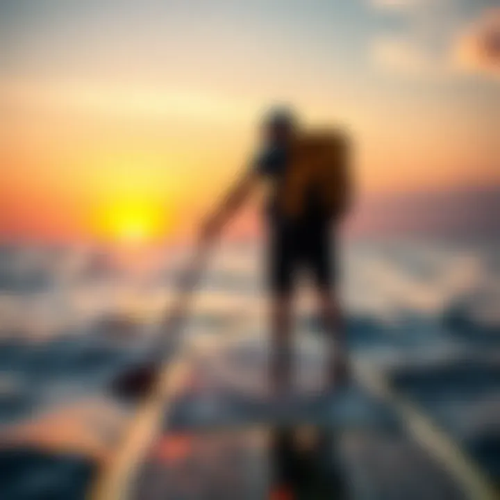 An adventurer preparing to embark on a paddleboarding journey during sunrise