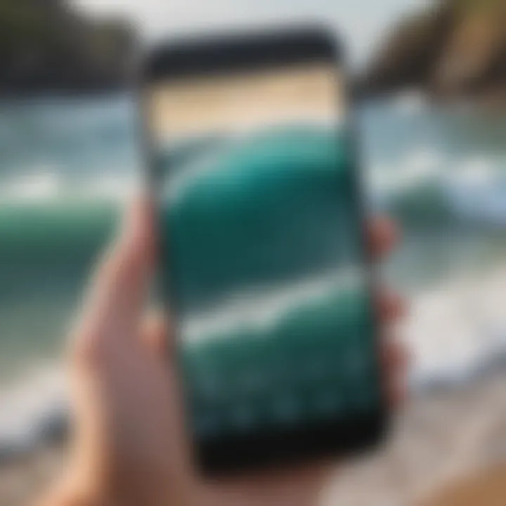 Close-up of a smartphone displaying a wave height app