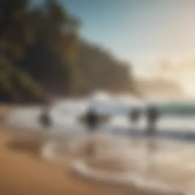 Group of surfers discussing conditions on the beach