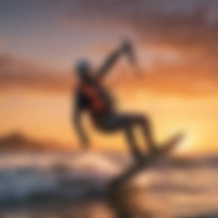 A kitesurfer mastering techniques against a sunset backdrop