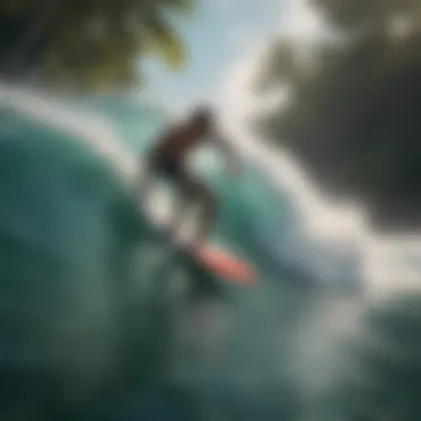 Surfers riding waves in the lush Amazonian waters.