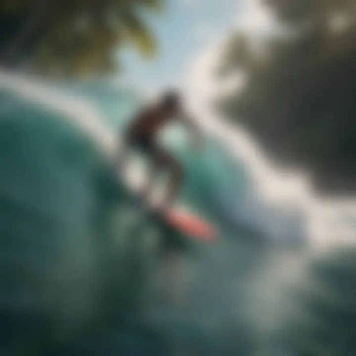 Surfers riding waves in the lush Amazonian waters.