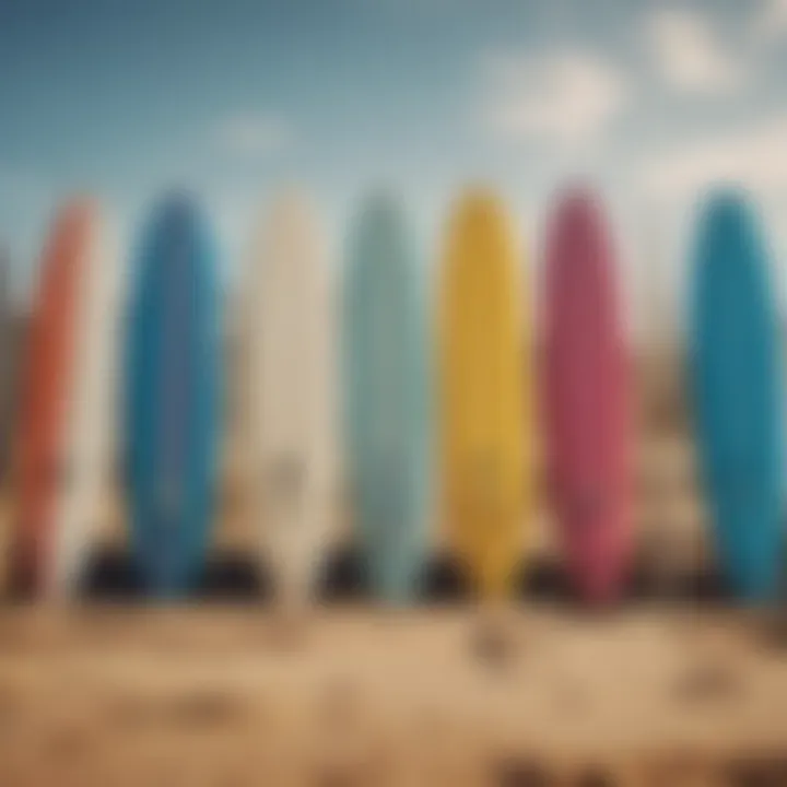 Surfboards lined up on the sandy beach