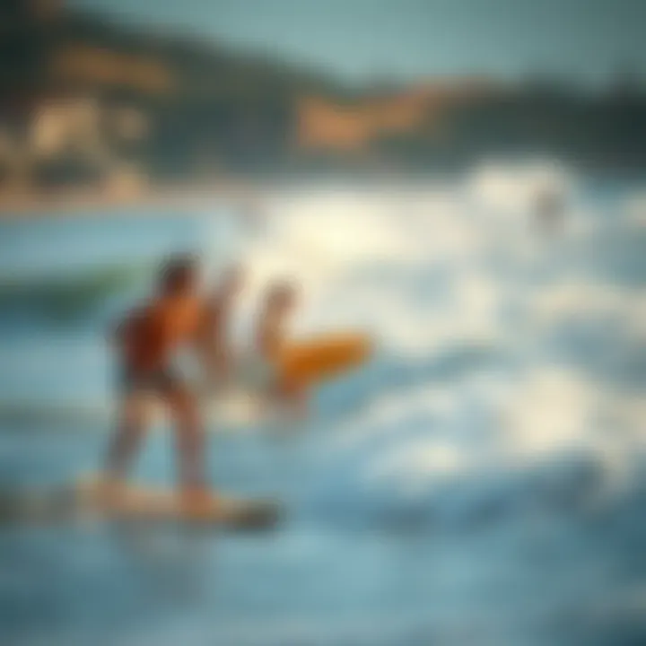 Skimboarders at the Beach A scenic beach scene with skimboarders enjoying the waves