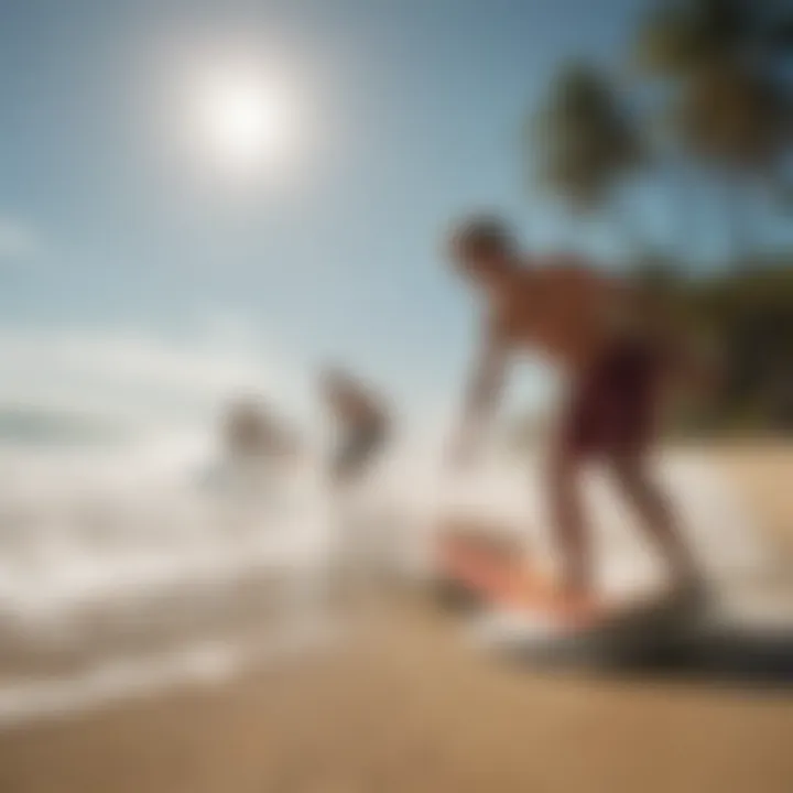 A vibrant skimboarding community enjoying a sunny day at the beach.