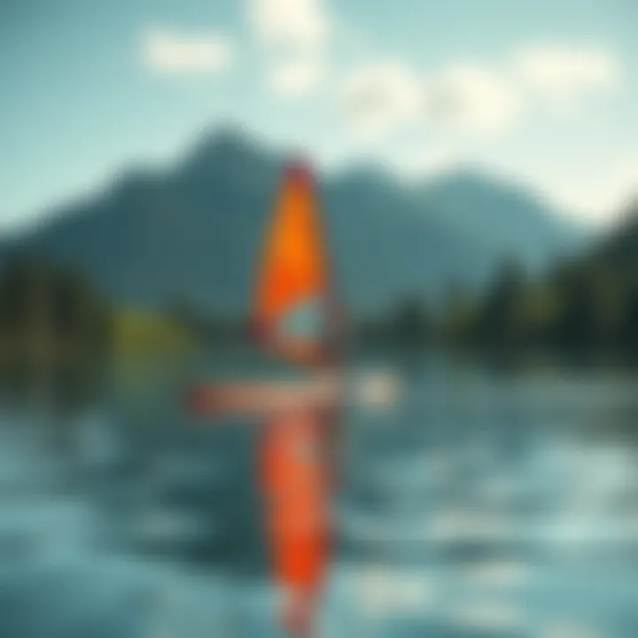 Paddle Boarding Adventure in Nature A scenic view of a paddle boarder sailing across a pristine lake surrounded by nature