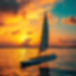 A vivid sunset reflecting on calm waters with a paddle board and sail in the foreground