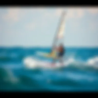 Mastering the Art of Paddle Boarding with Sail An individual skillfully maneuvering a paddle board with a sail, demonstrating technique