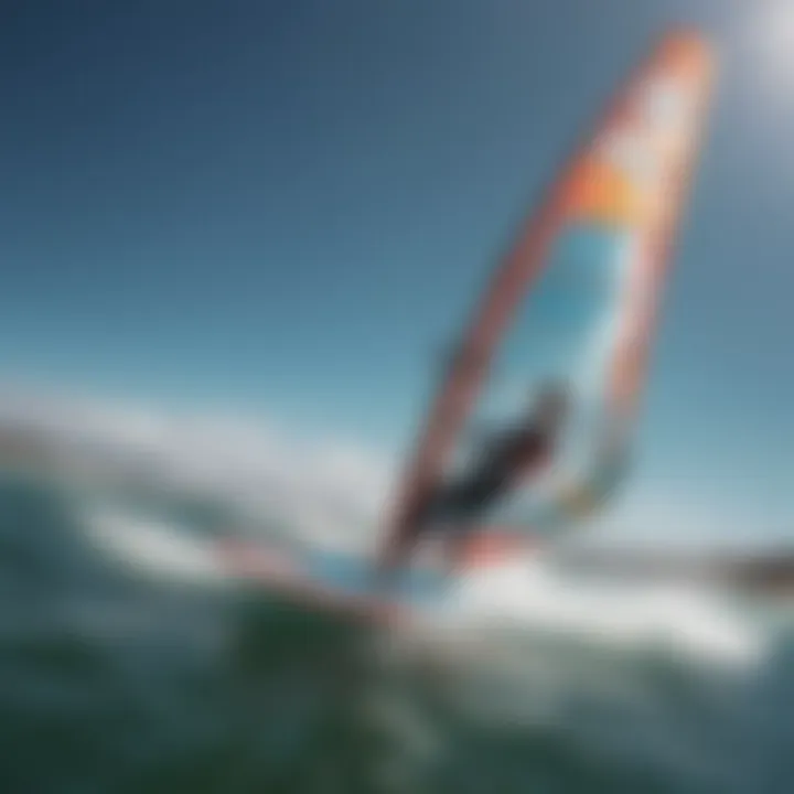 An athlete performing a dynamic maneuver on a windsurfing wing over calm waters.