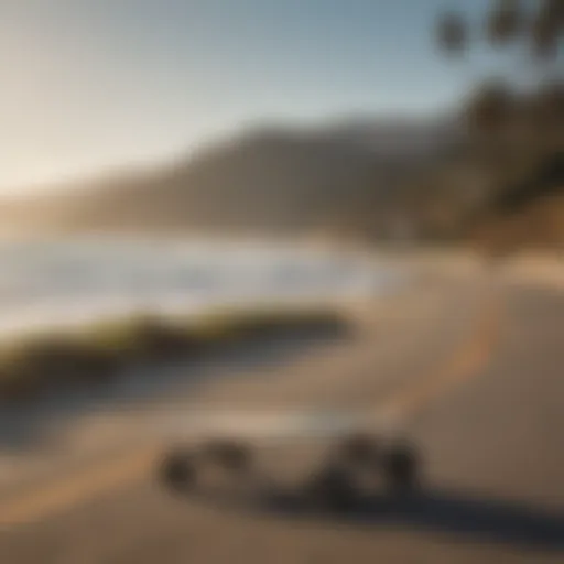 A scenic view of California's coastline with longboarders riding along the shoreline.