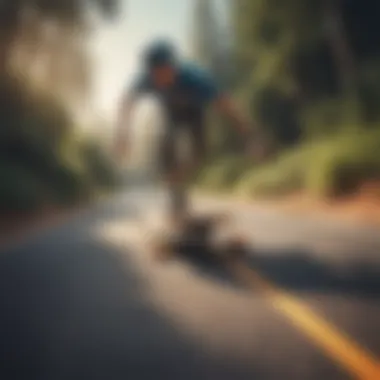 A longboarder executing a smooth turn on a winding road surrounded by nature.