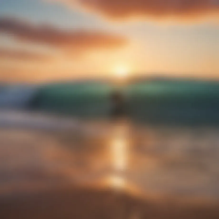 A stunning view of a pristine surfing beach at sunrise, showcasing vibrant colors in the sky.
