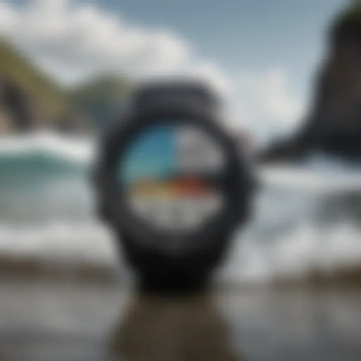 Garmin watch displaying surfing metrics