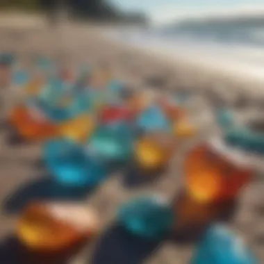 Vibrant Glass Fragments on the Shore Close-up of colorful glass fragments scattered across the shore.