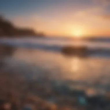Serenity of Sunset Over Glass Beach A serene sunset casting hues over a glass beach landscape.