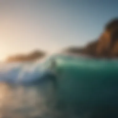 A surfer riding a wave near a stunning glass beach.