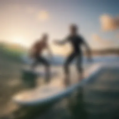 An instructor guiding an adult beginner on a surfboard