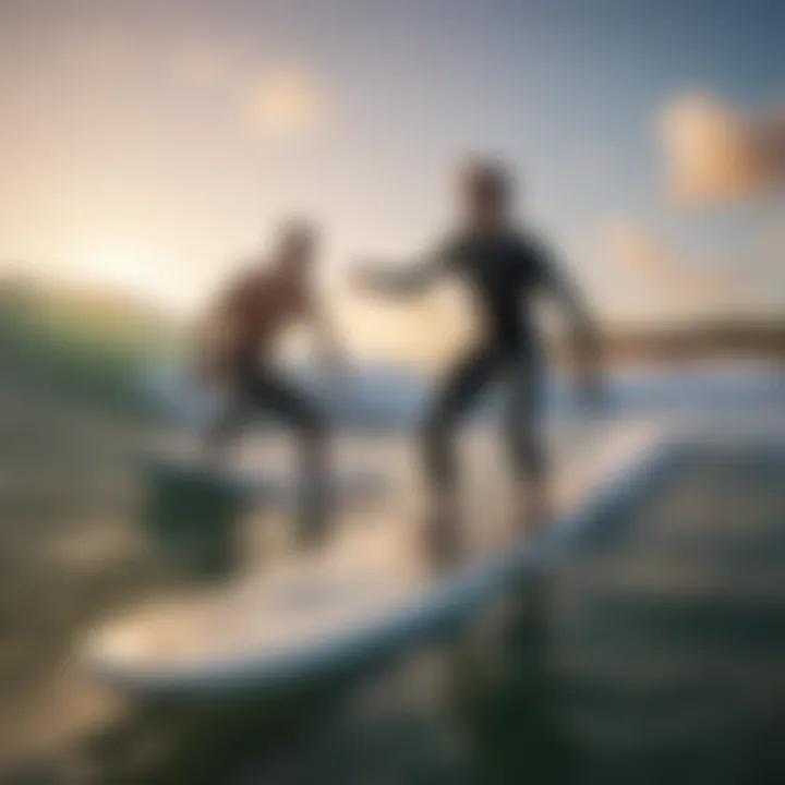 An instructor guiding an adult beginner on a surfboard