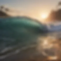 A serene beach at sunrise with waves crashing gently