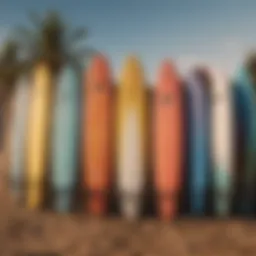 A stunning lineup of JS surfboards displayed on the beach at sunset, showcasing the vibrant colors and unique designs.