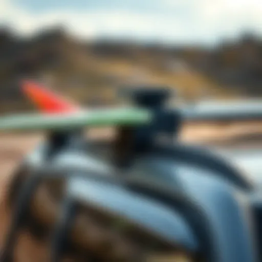 Detailed view of surfboard roof rack attachment on a vehicle