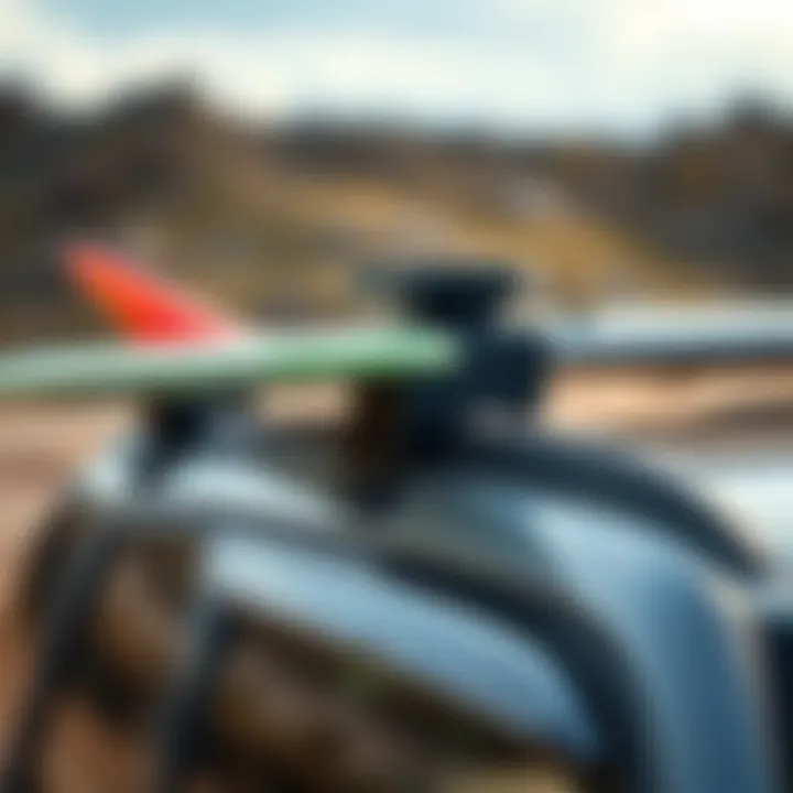 Detailed Surfboard Roof Rack Attachment Detailed view of surfboard roof rack attachment on a vehicle