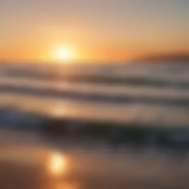 Sunset over the beach with surfers in silhouette