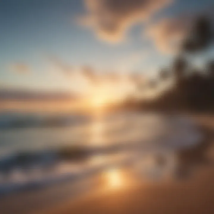 A serene beach landscape at sunset, showcasing the meeting of land and sea