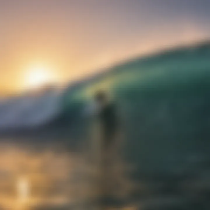 Surfers catching perfect waves at North Shore during sunset.