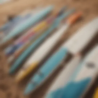 Detailed close-up of surfboards lined up on the beach ready for action.